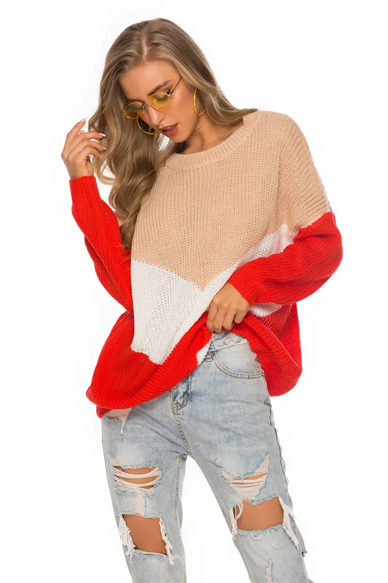

Women Long Sleeve Color Block Top Stylish Loose Top Fashion Knitwear for Ladies Female