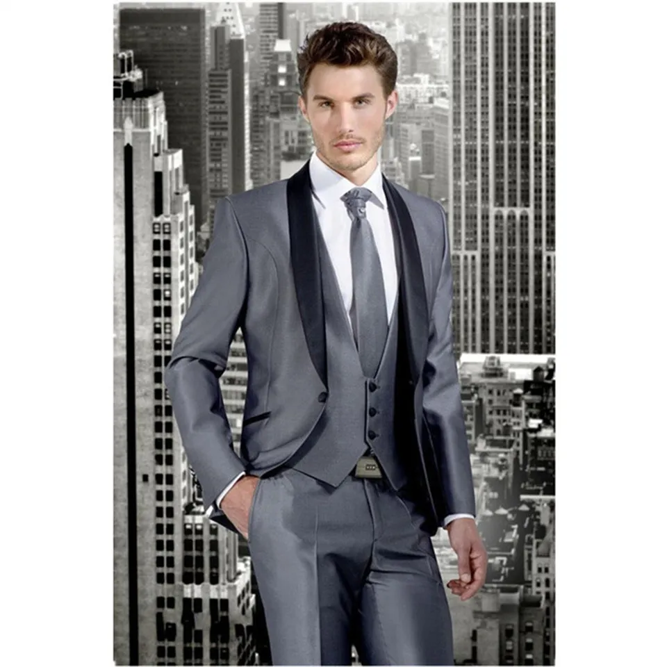

Custom Men Suit Classic Gray Man Lang Peak Black lapel Best Groom Business Casual Men's Suits (Top+Pants+Vest) Costume Homme