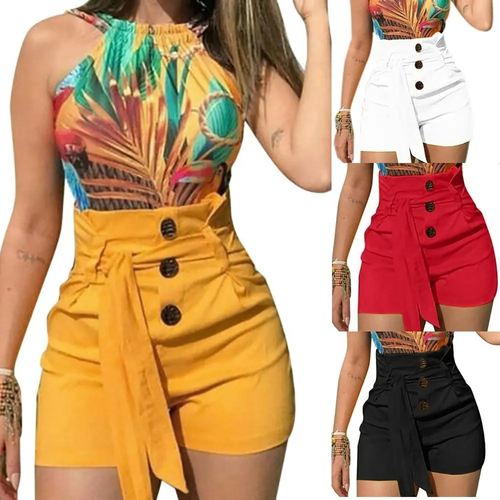 Liquidación Pantalones cortos de cintura alta para mujer, Shorts informales sexys ajustados con cinturón de talla grande para verano, 2020 KjwnegQj96g