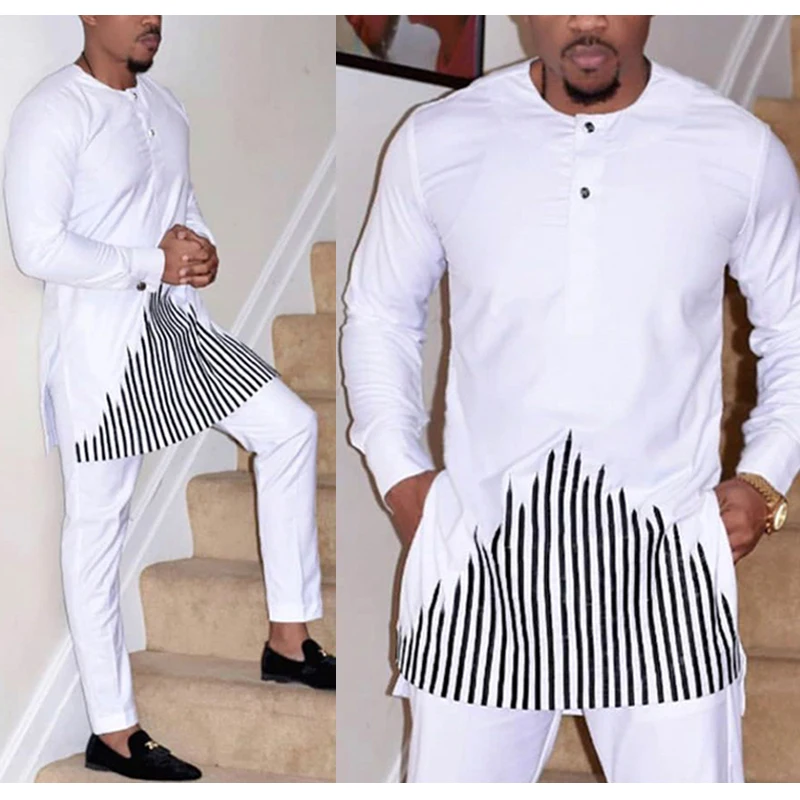 

H&D 2020 african dashiki clothes for men no cap shirt pants set embroidery tops trouser suit men's traditional african clothing