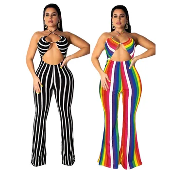 

Women 's Casual Halter Striped Jumpsuit Sexy & Club Ages 18-35 Years Old Woudeyou Chiffon Boot Cut Full Length Viscose L55974