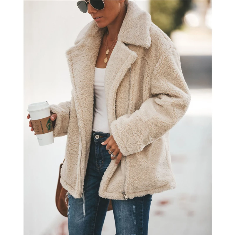 

Elegant Faux Fur Coat Women 2019 Autumn Winter Thick Warm Soft Fleece Jacket Pocket Zipper Outerwear Overcoat Bear Teddy coat