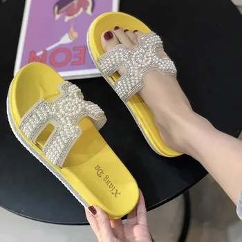 

2020 Women Wedges Platform Slippers Women's Outdoor Summer Pearl Man-made Diamond Sandals Female Flip Flops Mules Shoes