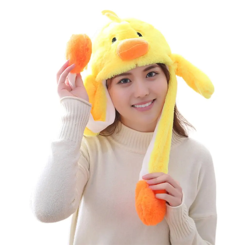 Little yellow duck Шапки для прыжков с ушками животных для девочек; Детские и женские теплые плюшевые зимние шапки с кроликом; забавные детские шапки с милым кроликом и пушистой подушкой безопасности - Цвет: Little yellow duck