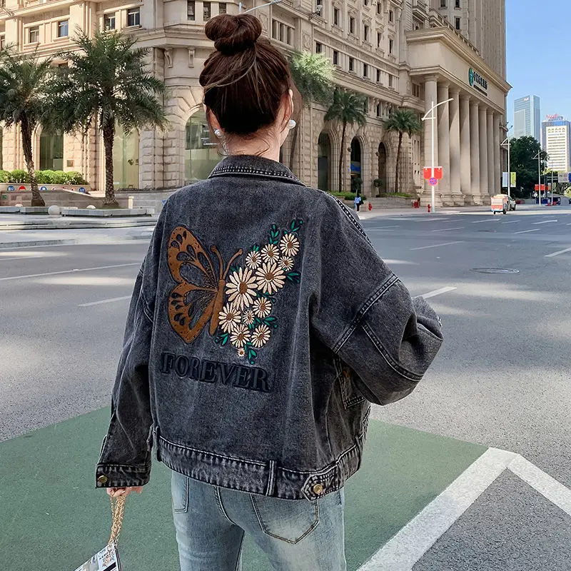 Embroidered Letter Denim Jacket Flower Woman Spring Autumn Coat Cotton Outwear Turn Down Collar Button Female Girl  School Jeans