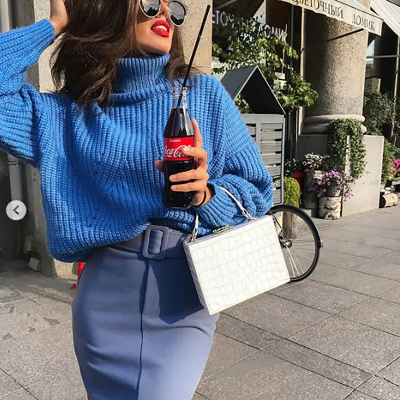 

Women Retro Turtleneck Knitted Long Pullovers Autumn Winter Casual Loose Solid Sweaters Thick Knitting Jumper Pull