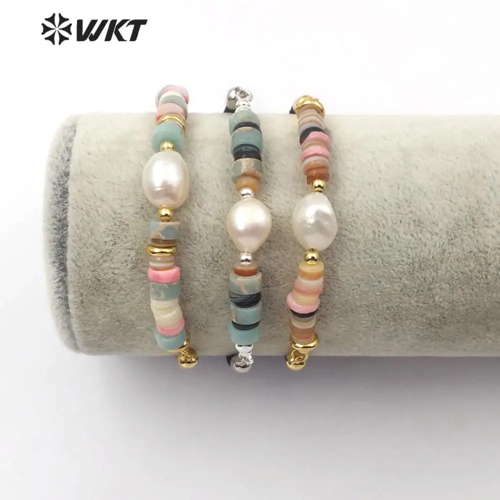 

WT-B495 Natural Pearl Themed Cord Bracelet With Multi Color Shell Beads Bangle Gold/Silver Electroplated Beads Fashion Jewelry