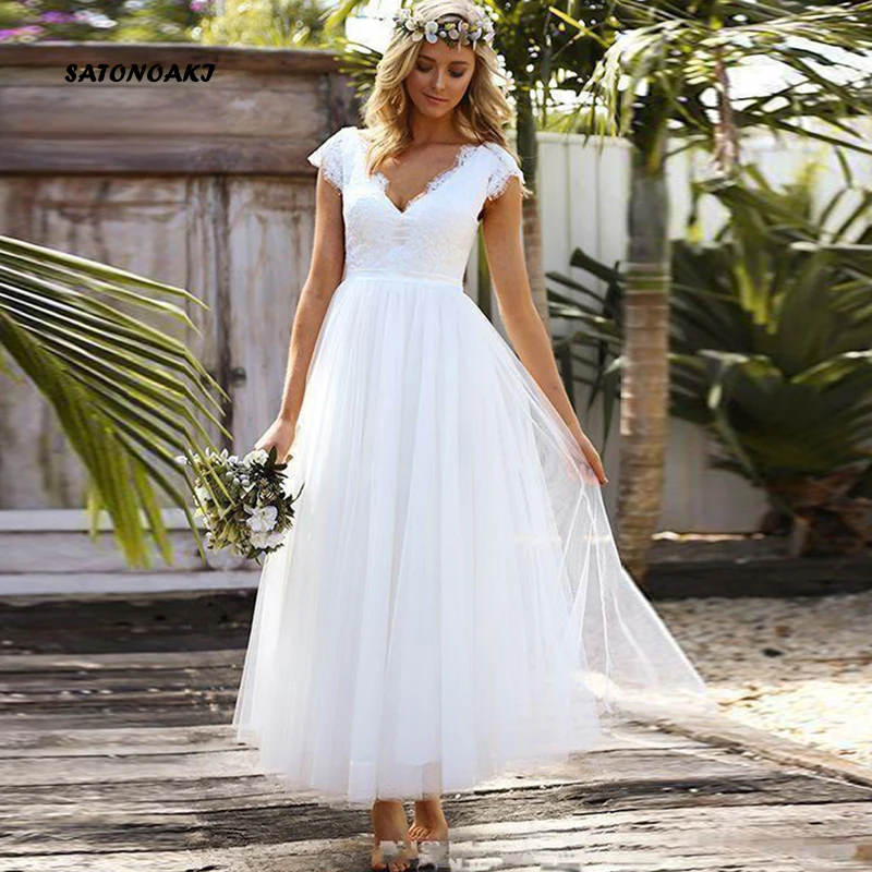 

SATONOAKI Boho Wedding Dress Deep Veck White Beach Wedding Dress Appliques Lace Ankle Length Princess Bride Dress Free Shipping
