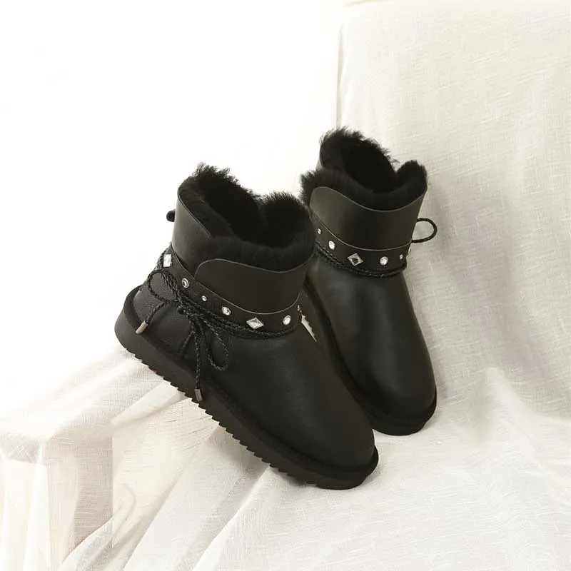 MIYAGINA/; зимние сапоги из натуральной овечьей кожи; женские водонепроницаемые сапоги с натуральным мехом; зимняя женская обувь; теплые ботинки; botas mujer - Цвет: BLACK