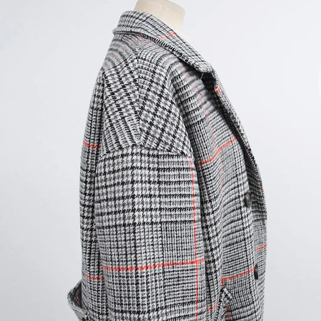 Зима осень элегантное женское корейское офисное женское длинное клетчатое пальто Свободное теплое шерстяное пальто из смеси Пальто Повседневное Ol Тренч# G30