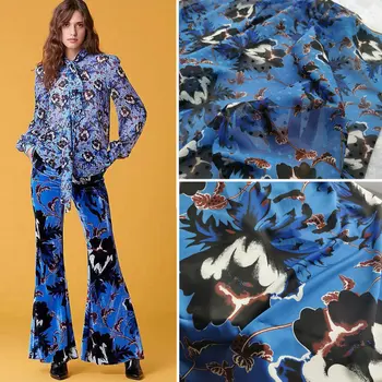

blue flowers print chiffon fabric for shirt polyester satin fabric for pants,cheap fabric material for dress DIY clothing sewing