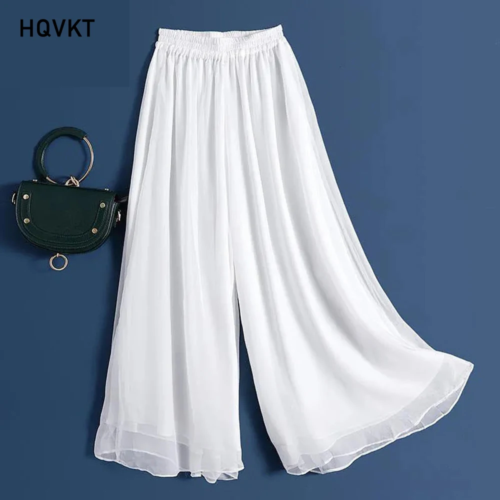 M-4xl dama de moda de verano de pierna ancha, pantalones de las mujeres de cintura alta de gasa sueltos y suaves leggings para playa seda elástica pantalón fino HQ01