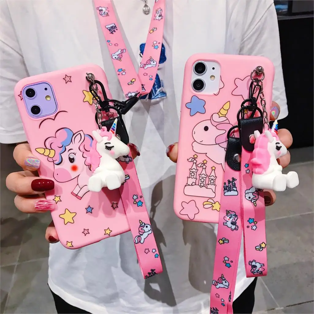 For Samsung S7 S8 S9 S10 S20 Plus Note 9 10 A20 30 50 70 A51 A71 Case Unicorn TPU Stand Holder Soft Phone Strap Rope | Мобильные
