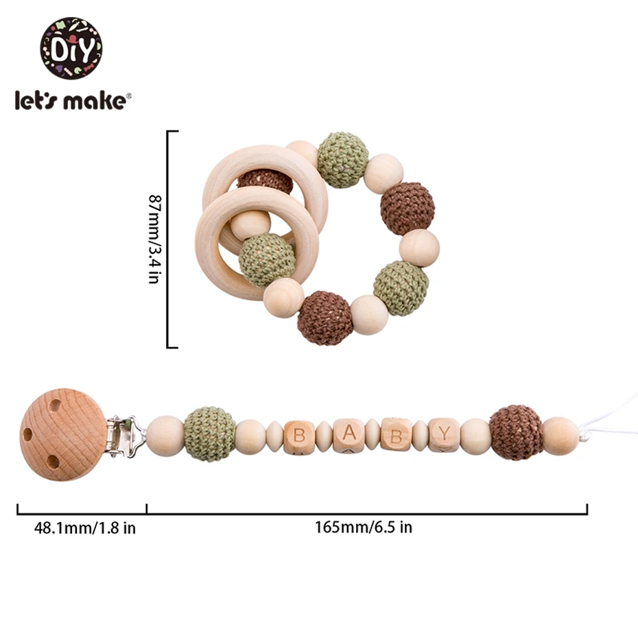 Let's Make Food Grade Silicone Wooden Teether Baby Pacifier Chain Pram Crib DIY Customized Soother Baby Teether Rattle Set Toys