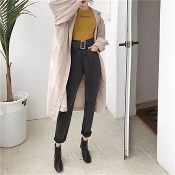 

HziriP Grey Loose High Waist Slim Straight Jeans Denim Casual Autumn All-Match Stylish Slender Women Harem Trousers Send Sashes