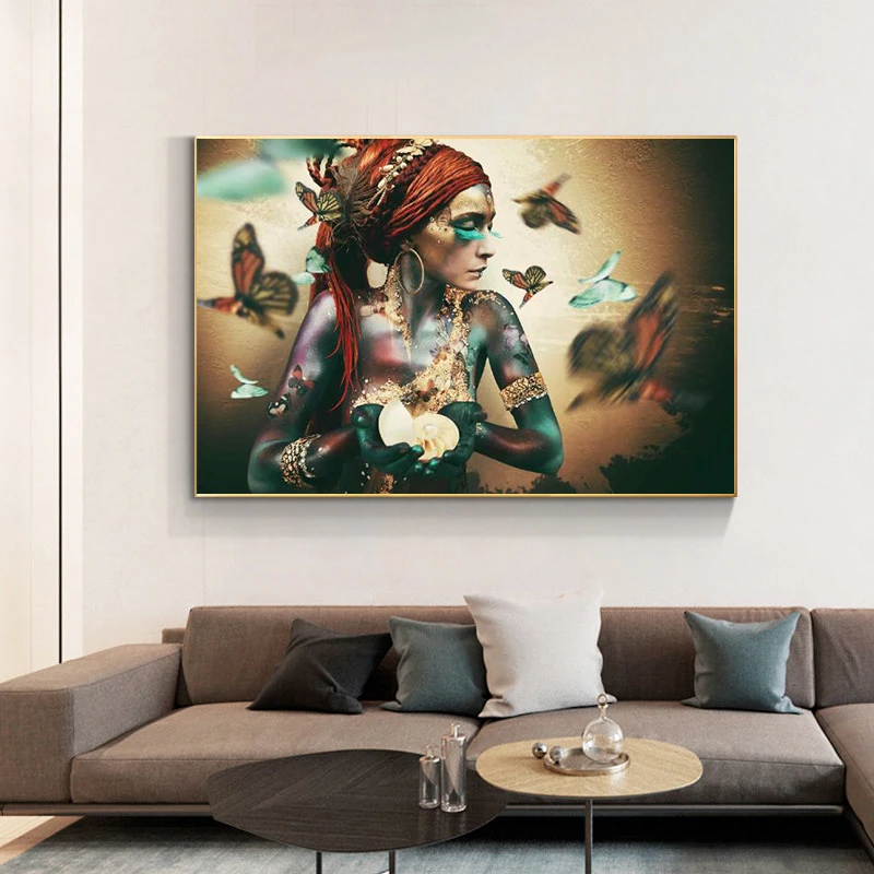 Африканская женщина с бабочкой холст фотообои красочная черная девушка