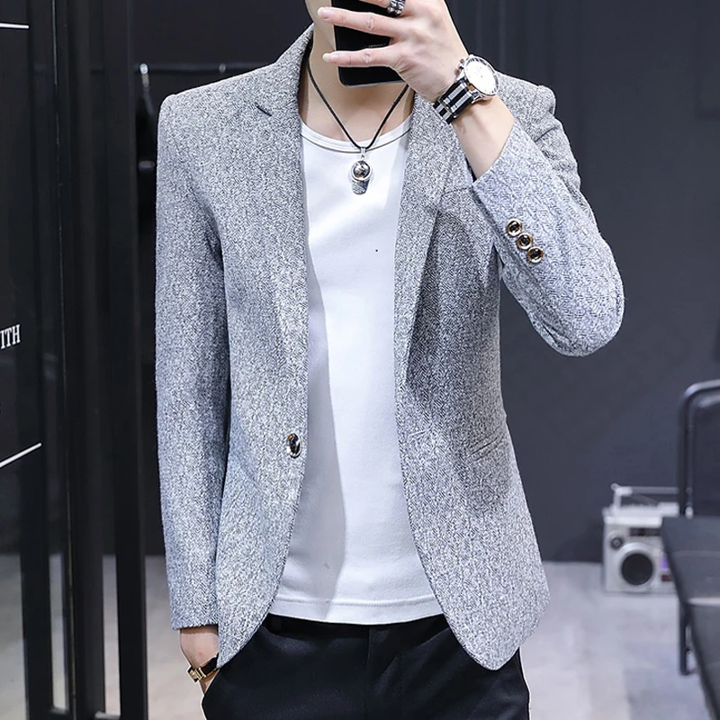 Короткие Серые Стильные мужские Блейзер Slim Fit офисные жакеты мужской костюм