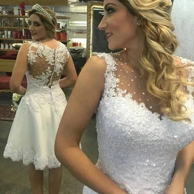 Elegante De novia corto sin mangas, longitud hasta rodilla, sin mangas, con cuentas, apliques|Vestidos de novia| AliExpress