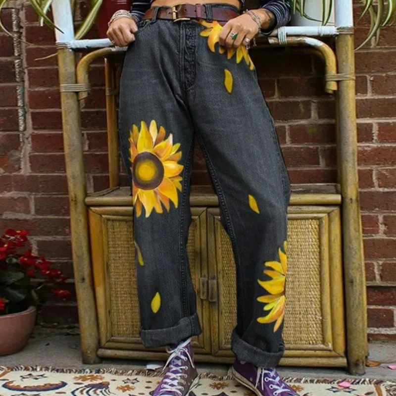 Woman Sunflower Print Jeans Mid waist 