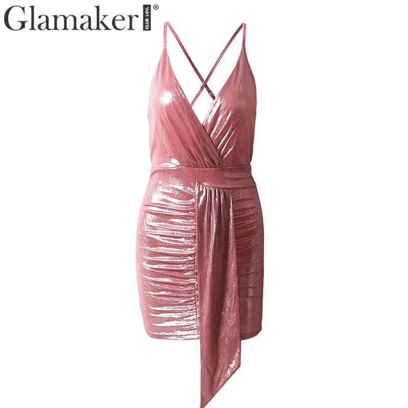 Glamaker, сексуальное розовое платье с открытой спиной и v-образным вырезом, Элегантные Осенние вечерние бодикон для ночного клуба, новое женское платье без рукавов, короткое платье с люрексом