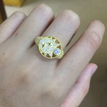 

High Quality Fashion S925 Sterling Silver Yellow Gold Color Luxurious Star Moon Finger Ring Micro Cubic Zirconia Women Jewelry