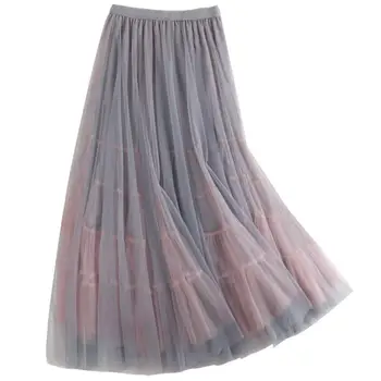 

High waist stitching double-layer mesh gauze skirt women A-line long puff skirt