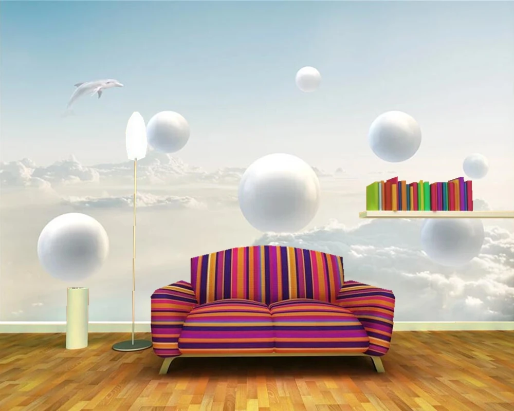 

Papel de parede Dolphin blue sky and white clouds 3d stereo ball children wallpaper,living room tv wall bedroom kitchen mural