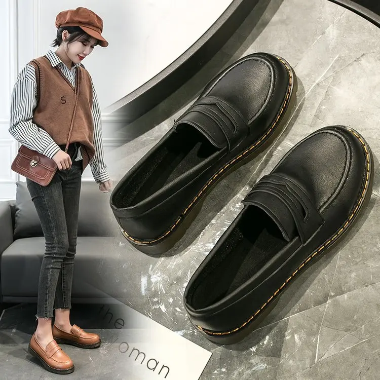 

Black And White with Pattern Small Leather Shoes Women's Vintage 2020 Spring New Style Students Shoes Versatile British Style ro