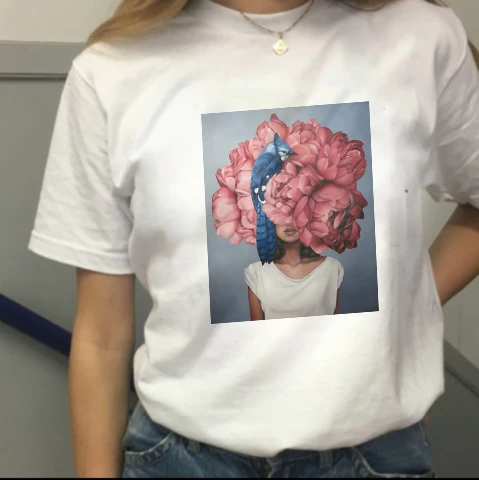 

New Harajuku Aesthetics Tshirt Sexy Flowers Feather Print Short Sleeve Tops & Tees Fashion Casual Couple T Shirt