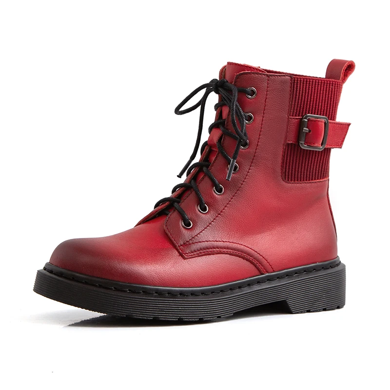 Red Leather Lining ROBESPIERE; женские зимние ботинки; обувь в стиле ретро из натуральной кожи на шнуровке; популярные теплые плюшевые ботильоны на платформе в европейском стиле с пряжкой; B153 - Цвет: Red Leather Lining