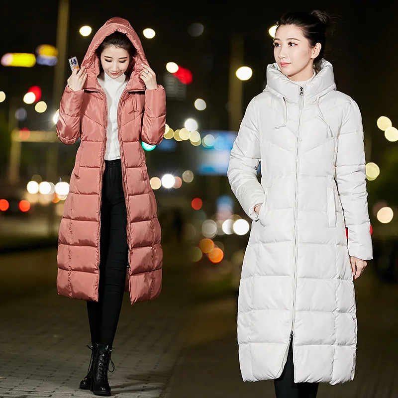 Slim Fashion Warm Women Coats And Jackets Long Hooded Solid Winter Padded Jacket Pockets Cotton Nice Parka Feminina