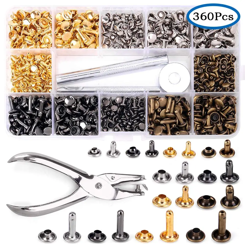 

360 sets of leather rivets, double cap rivets, tubular metal studs, 3 piece set tool kit, leather craft repair decoration (3 siz