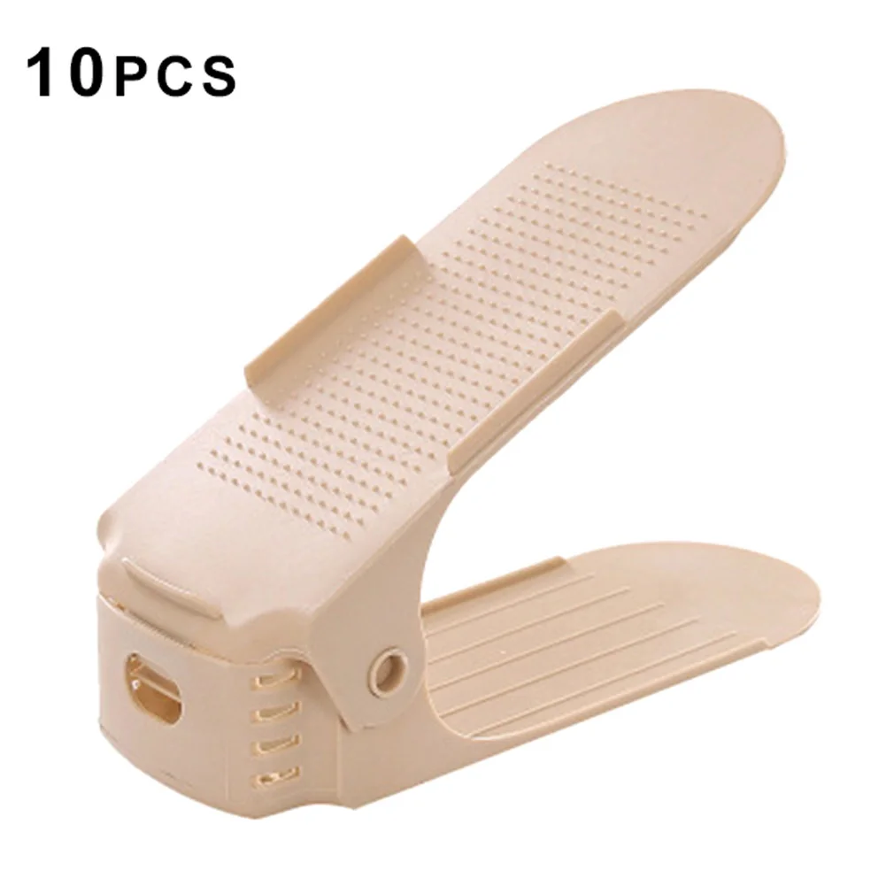 Beige Newly Durable 10Pcs Dual Layers Shoe Slots Organizer Adjustable Shoe Racks Space Saver Storage Stand VA88 - Цвет: Beige