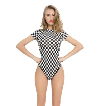 

Women Sexy Bodysuit Plaid Round Neck Short Sleeve Elastic Slim One Piece Short Sleeve Bodysuit Wholesale