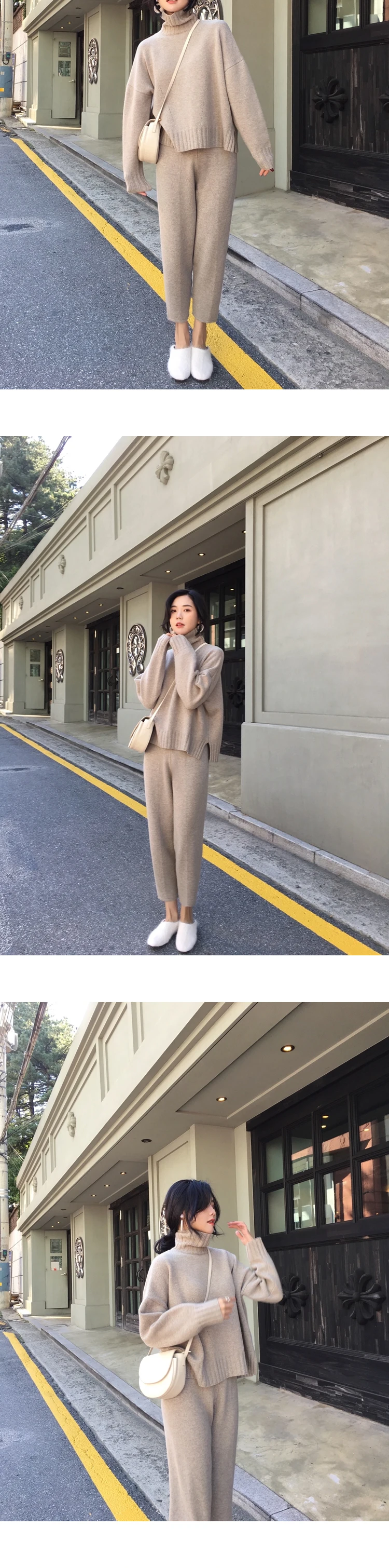 autumn winter Women Turtleneck Warm Knit Tracksuit Fashion Split Knitted Sweater 2 Piece Set Elastic Waist Pants Suits