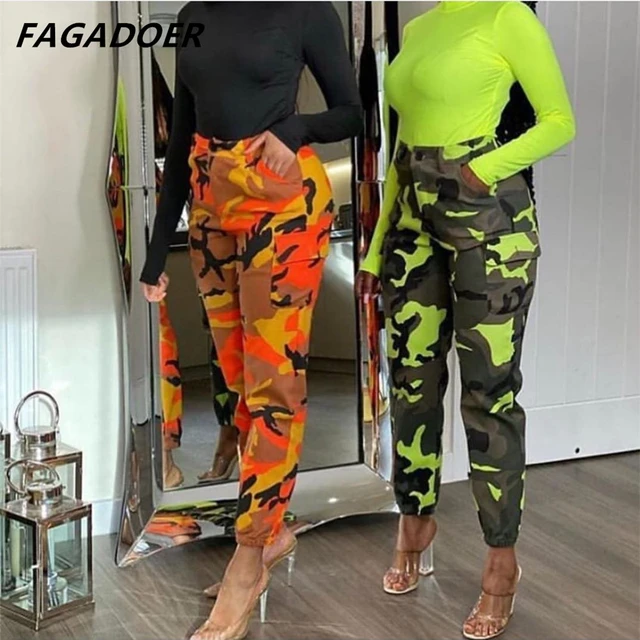 FAGADOER-pantalones Cargo de camuflaje para mujer, ropa de calle elástica  de cintura alta, color verde