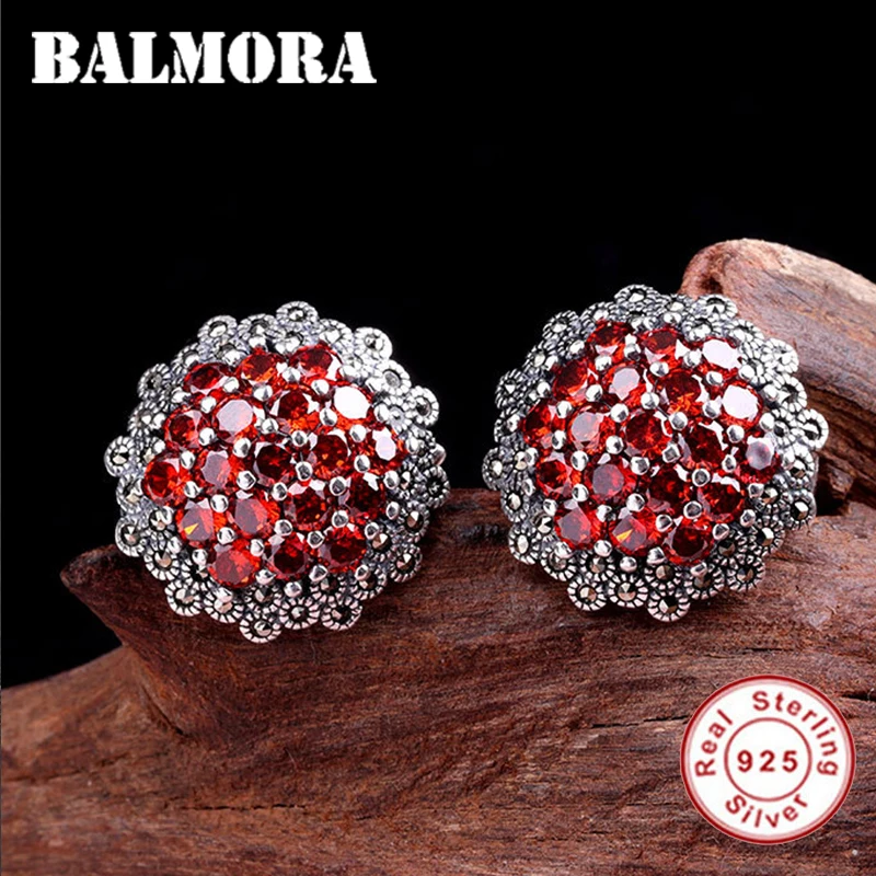 

BALMORA 925 Sterling Silver Vintage Ethnic Red Gemstone Zircon Stud Earrings for Women Lady Party Gift Elegant Fashion Jewelry