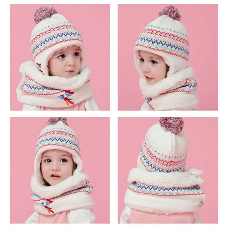 Зимняя теплая плюшевая шапка-ушанка с помпоном и вышивкой для детей ясельного возраста, шарф бесконечности C90E