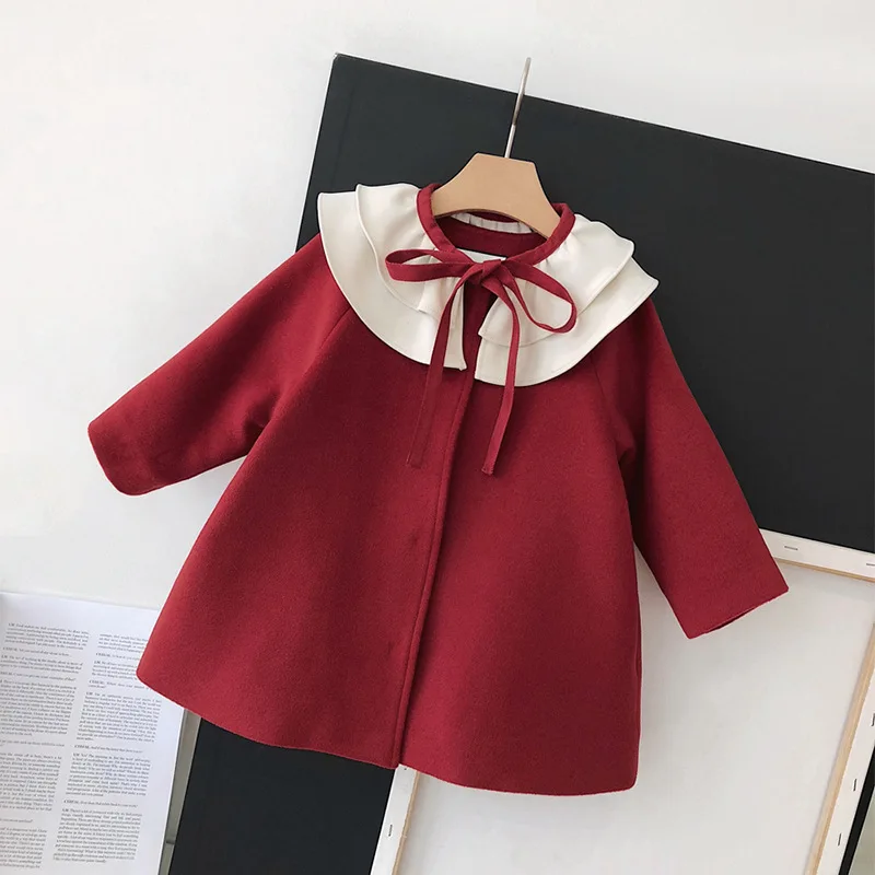 Chen Mother Infant Children's Clothing Red Christmas New Year-Baby Girls Ruffled Collar Woolen Jacket plus Velvet CHILDREN'S Coa