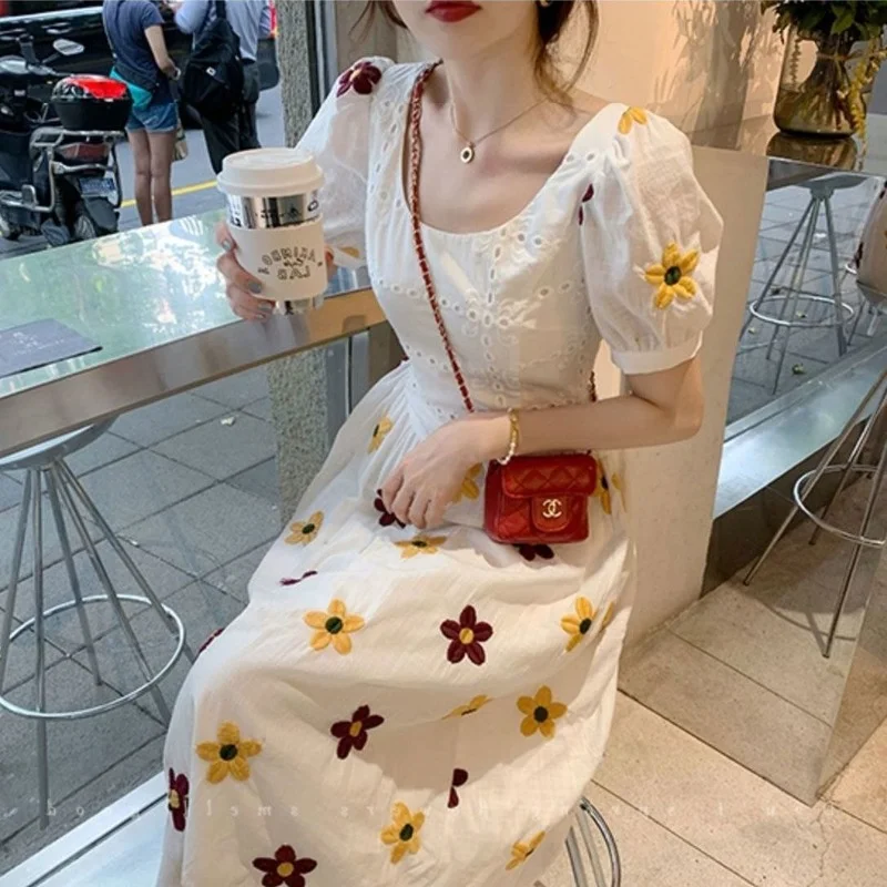 

Женское винтажное офисное платье миди, элегантное белое платье с круглым вырезом, пышными рукавами и цветочным принтом, офисное платье в Корейском стиле с высокой талией, лето 2021