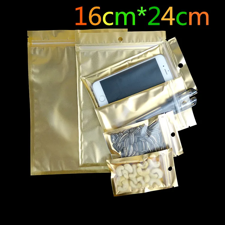 16cm*24cm Golden / Clear Self Seal Zipper Plastic Retail Package Storage Bag, Zip Lock Bag Retail Packing W/ Hang Hole16cm*24cm