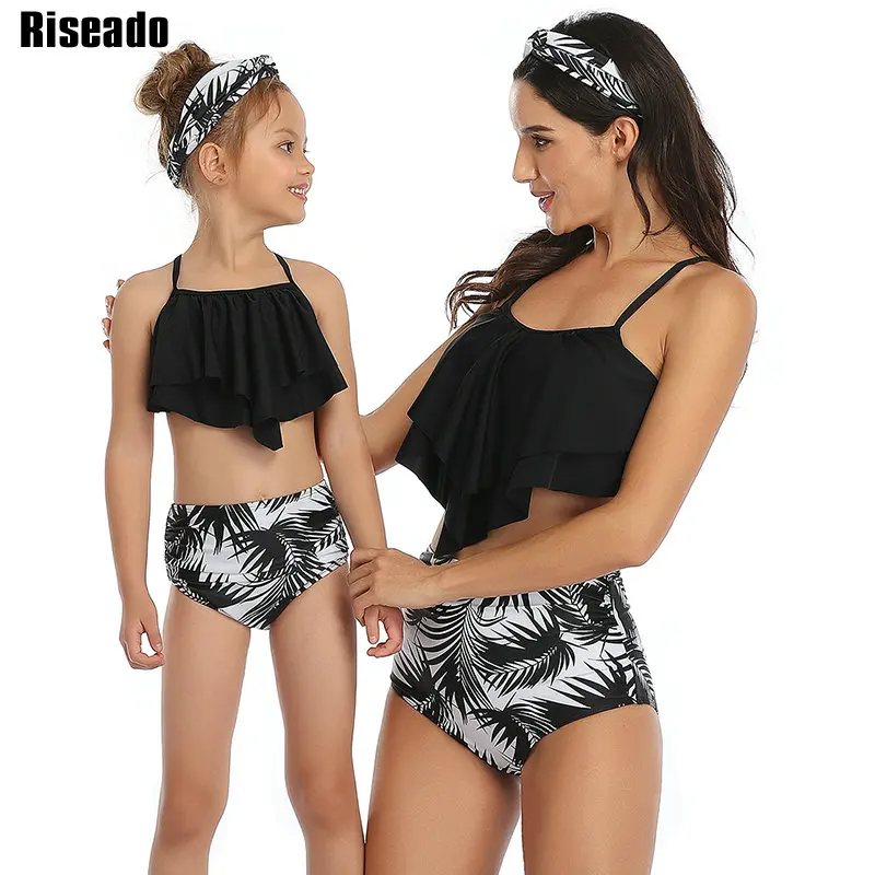 

Riseado Ruffled Swimsuit High Waist Bathing Suit Biquini Cross Bandage Mother and Daughter Bikinis Set 2020 New Beachwear Women