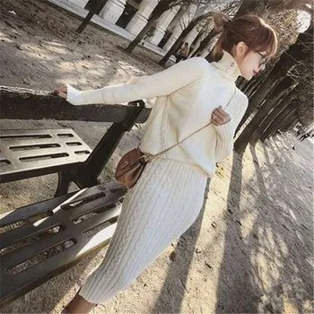 

2019 Autumn Fashion Twist Knitted 2 Piece Set Women Long Sleeve Turtleneck Wool Pullover Sweater + Split Pencil Skirt Set Suit