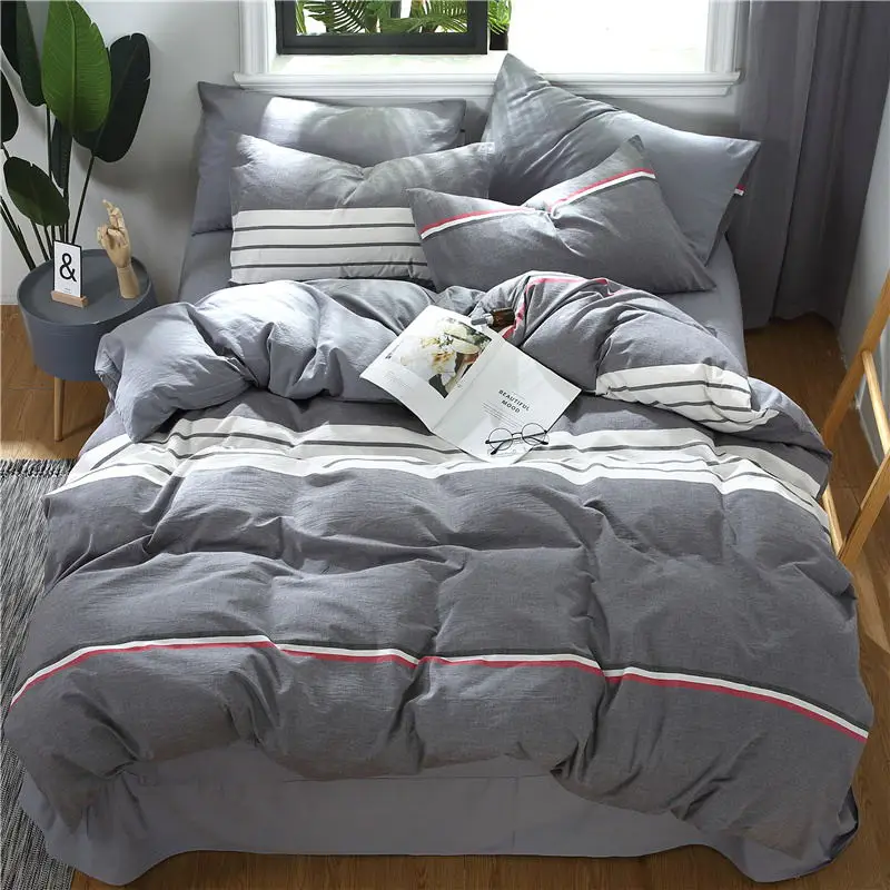 

Bedding Set 4Pcs/Set Washed Cotton Comfort Simple Striped Lattice Anti-Slip Bed Kit Cover Sheets Pillowcase Washing Yarn-Dyed