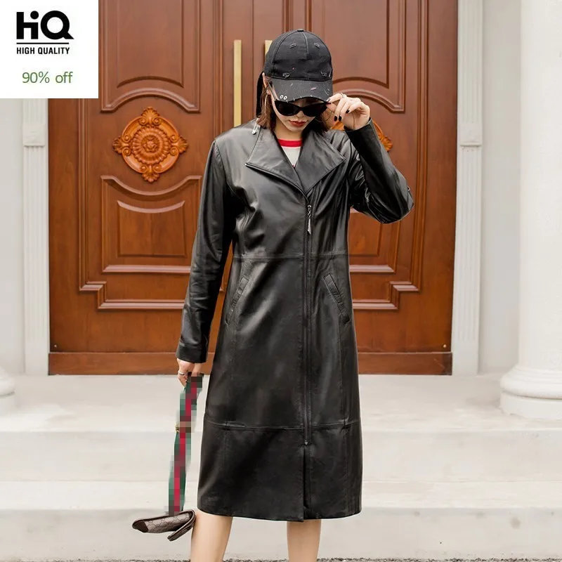 

Gothic New Women Zipper Long Sheepskin Jacket Genuine Leather Windbreaker Trench Coat Bikers Slim Fit Straight Leather Jackets