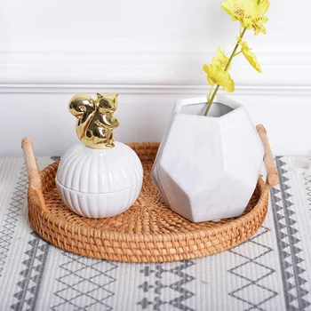 

Rattan Bread StorageTray Dinner Coffee Breakfast Serving Tray Round Hand-Woven Tea Tray With Handles Home Decoration Crafts