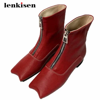 

Lenkisen british western boots european design sheep leather thick low heel small pointed toe zipper personality ankle boots L19