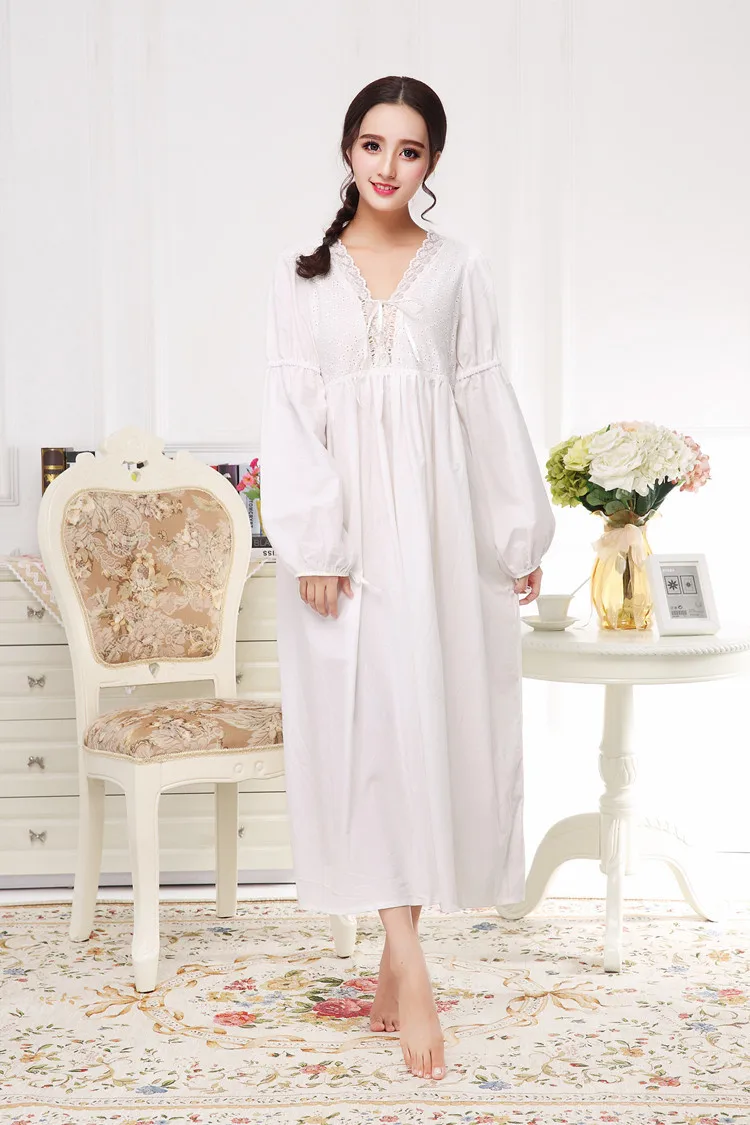 Осень зима принцесса Ретро Элегантные ночные рубашки винтажные женские кружевные белые пижамы платье хлопок с длинными рукавами ночная рубашка