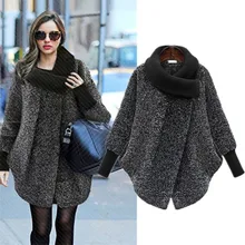 Большие размеры, шерстяное пальто с рукавами летучая мышь, куртки с воротником-шарфом, женская зимняя модная верхняя одежда, толстое Свободное пальто на молнии, повседневное