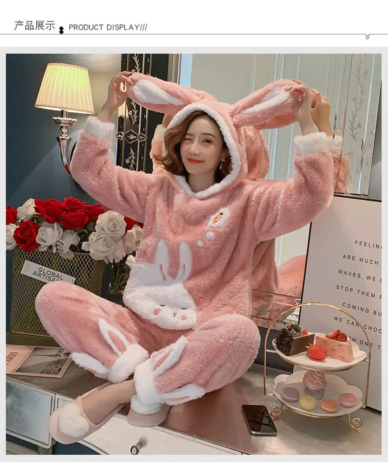 Зимние женские пижамные комплекты, Коралловый фланелевый Пижамный костюм, Толстая теплая домашняя пижама с мультяшным кроликом
